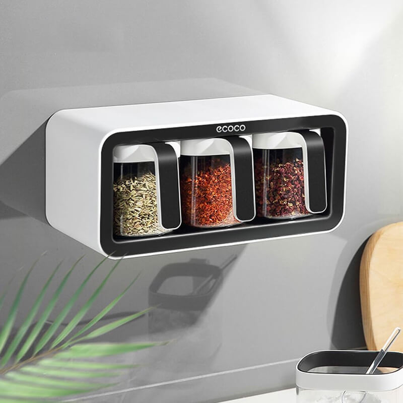 Mobie Wall Mounted Spice Organizer with Sealed Containers and Spoons E2007
