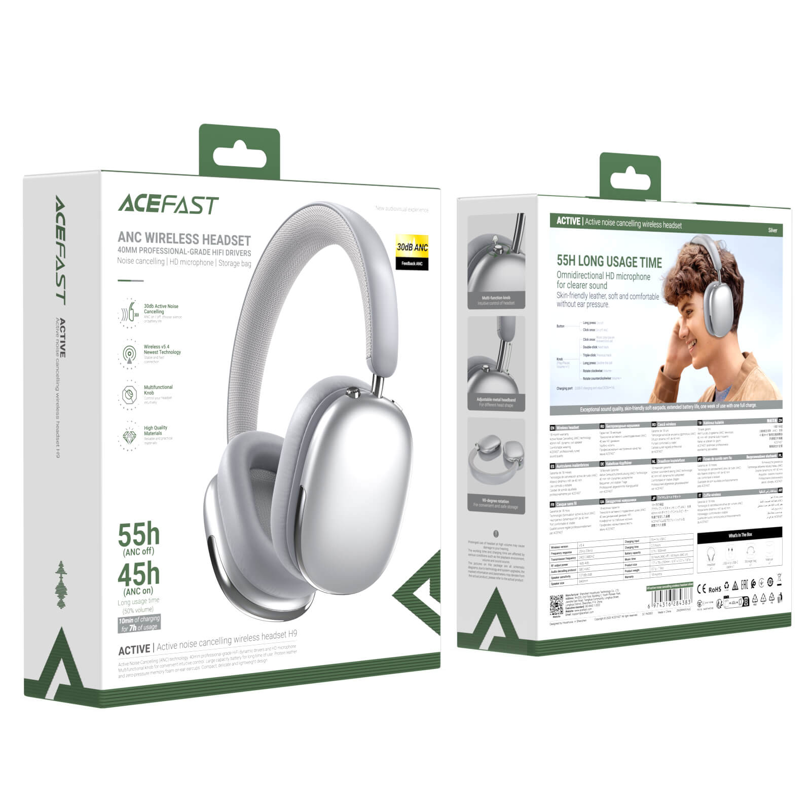 Acefast 55 Hour Playtime Hybrid ANC 30dB Noise Cancelling Wireless Headphones H9