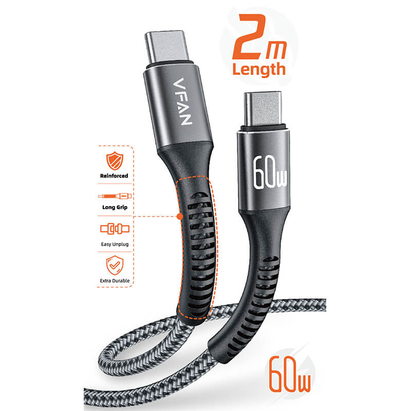 New Arrivals Mobie Fast Charging Cable with Reinforced Long Grip Type-C to Type-C 60W 2m X22