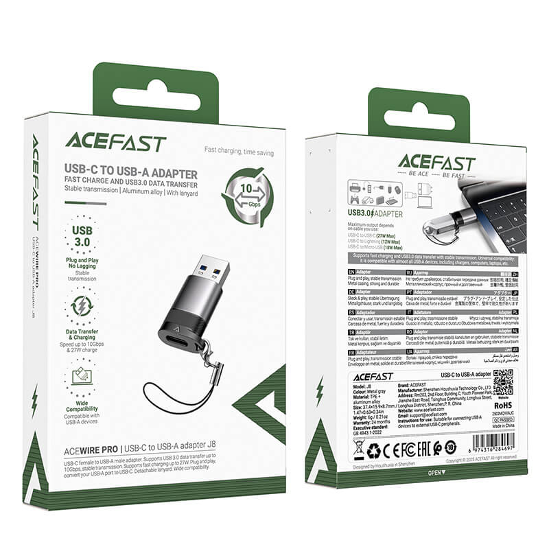 Acefast Type-C to USB-A Adapter 10Gbps Data Sync and 27W Charging Support J8