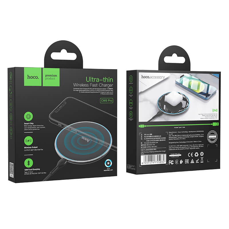 hoco 15W Ultra-Slim Wireless Fast Charger with LED Light CW6 Pro