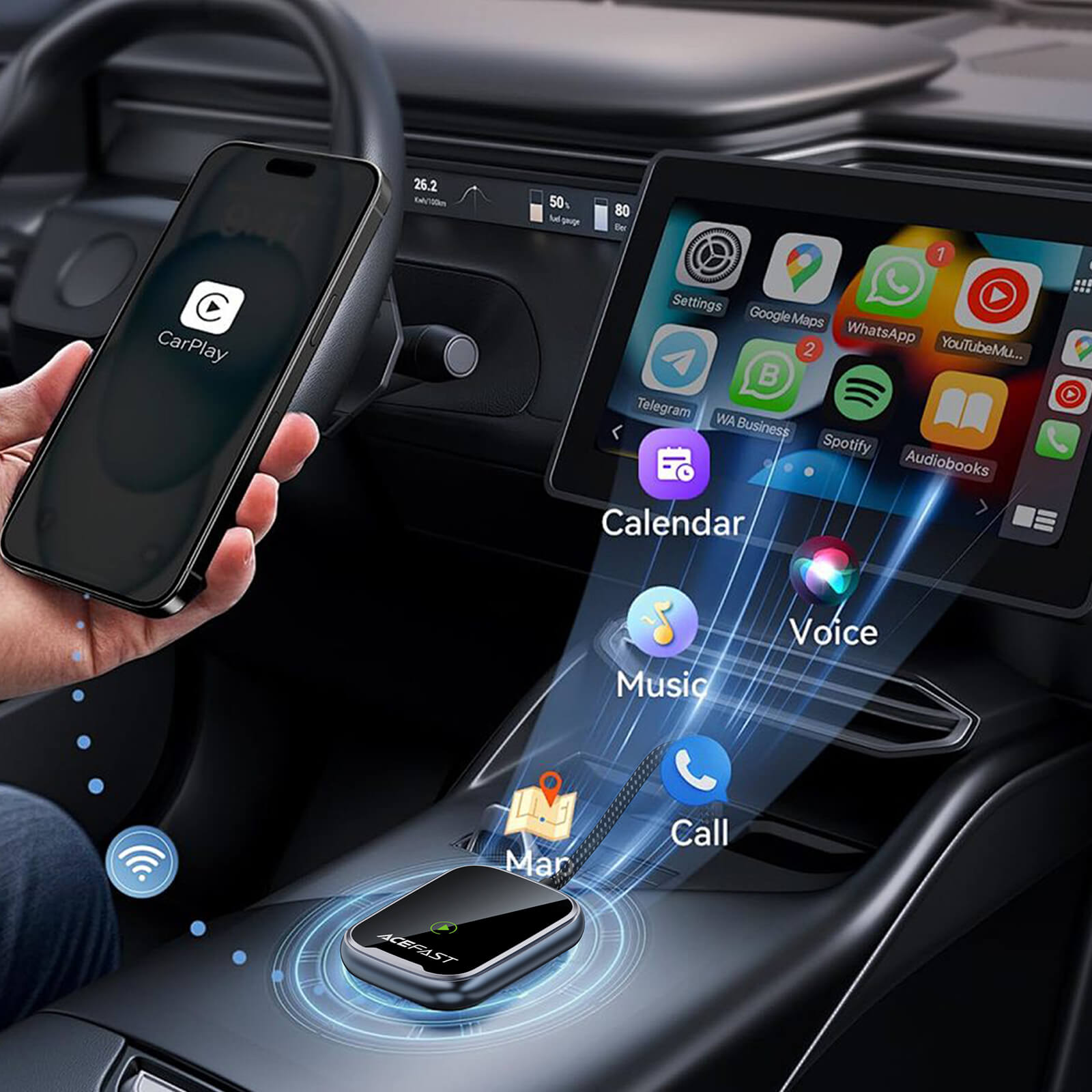 Acefast Wireless CarPlay Android Auto Adapter with USB-A Plug and USB-C Adapter QC1