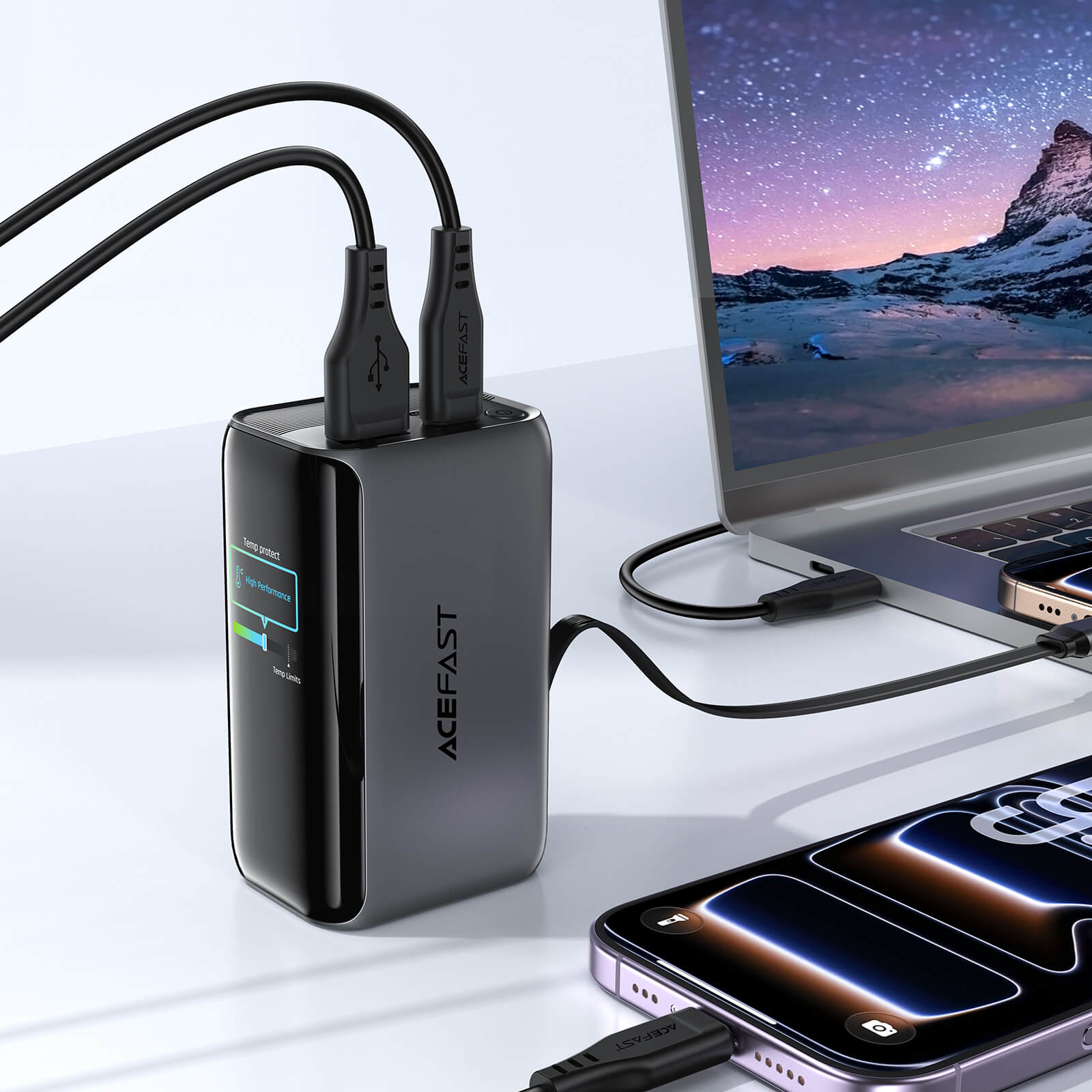 Acefast 10000mAh 45W Power Bank with Retractable Cable and TFT Display M37