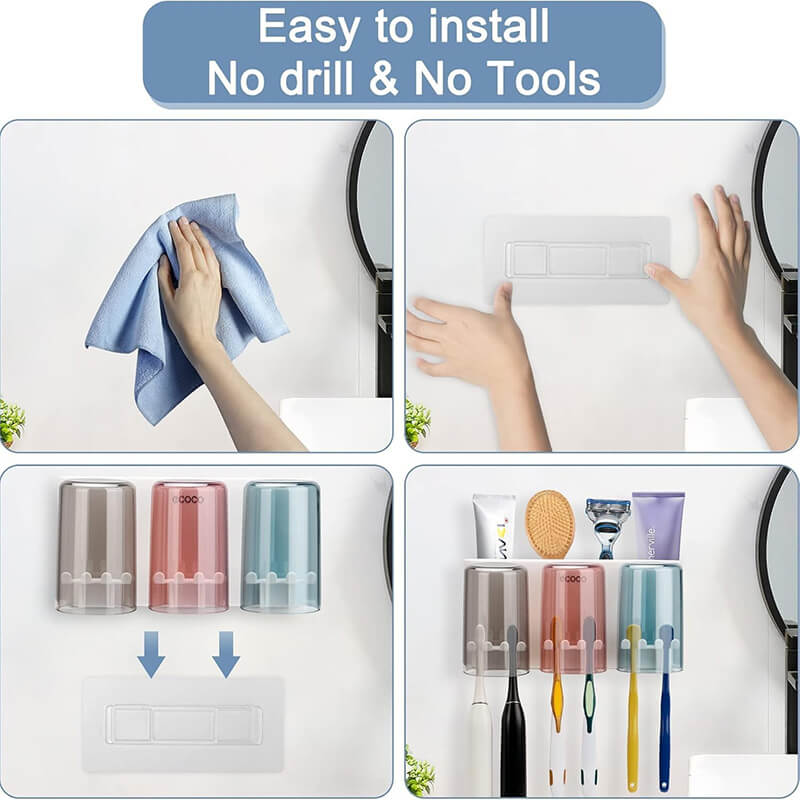 Mobie All in One No Drill Wall Mounted Toothbrush and Cup Holder Set E1925