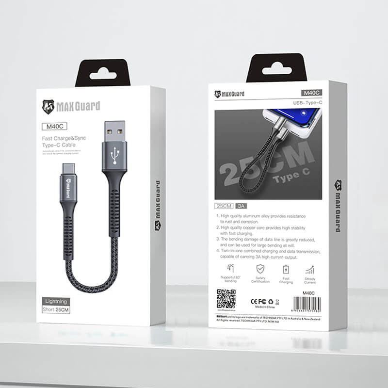 New Arrivals Maxguard USB to Type-C Braided Charging Cable 25cm 3A