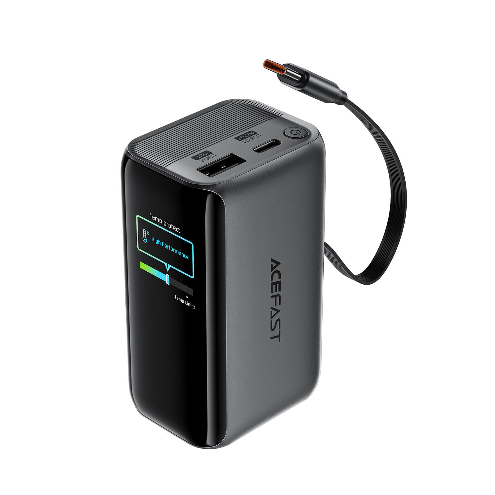 Acefast 10000mAh 45W Power Bank with Retractable Cable and TFT Display M37