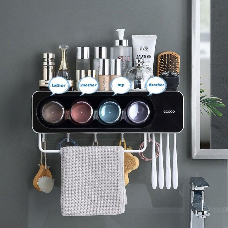 Mobie No Drill Toothbrush Holder Set with Towel Bar and Bathroom Storage E2113
