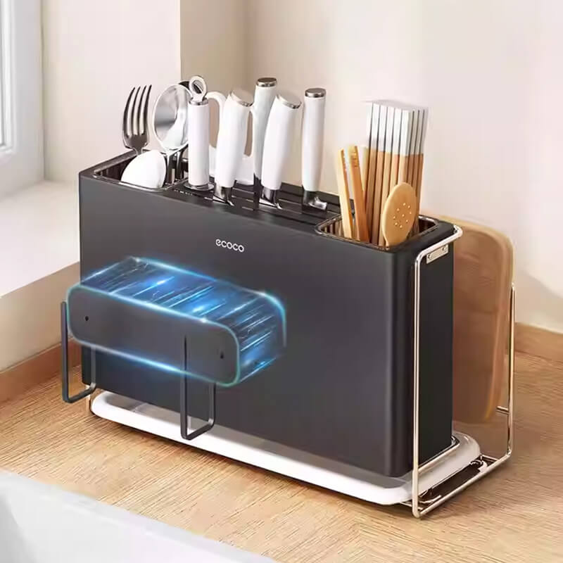 Mobie All-in-One Stainless Steel Knife Block with Magnetic Lid Holder and Drip Tray E25124