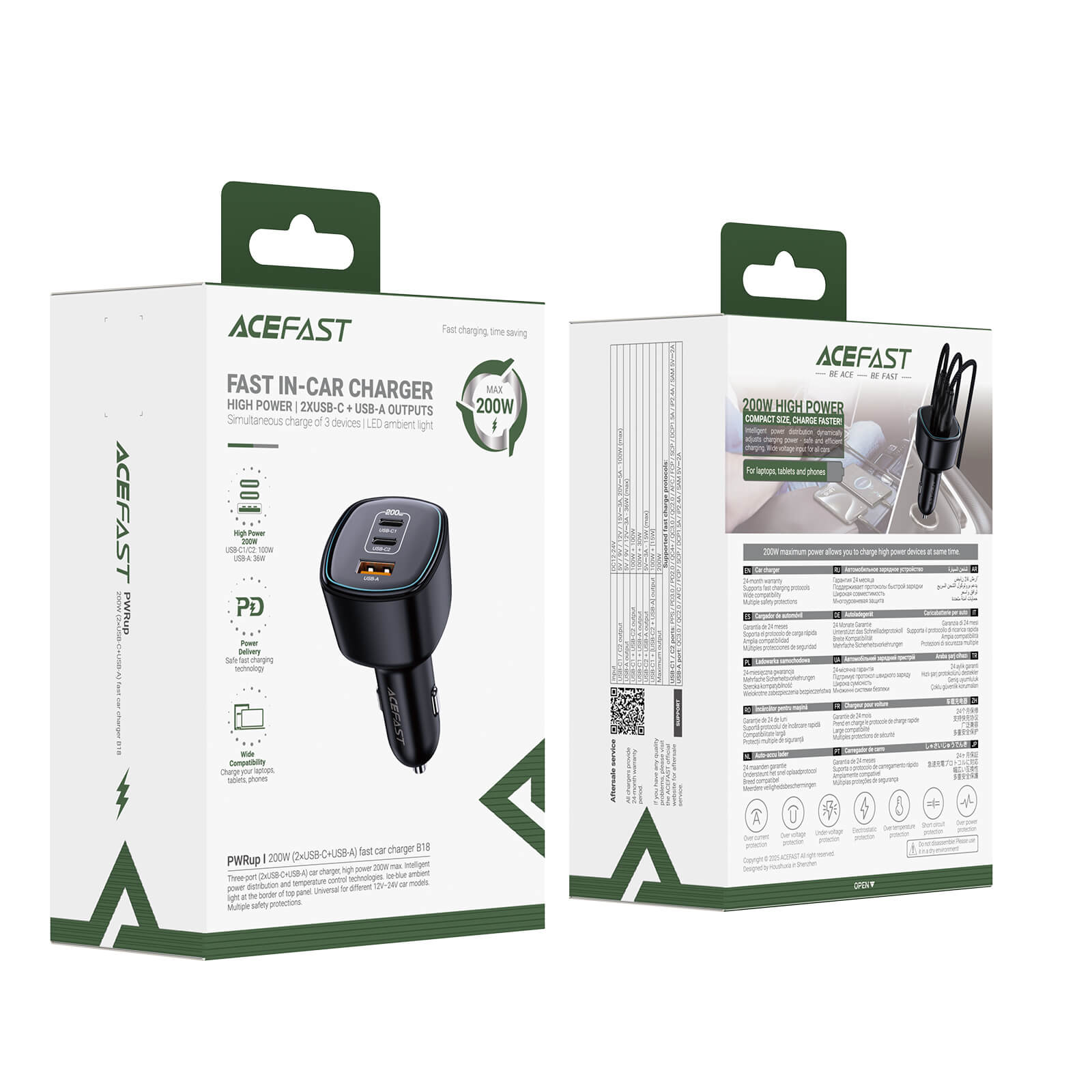 Acefast 200W Super Fast Triple Port Car Charger with Ice Blue LED Light B18