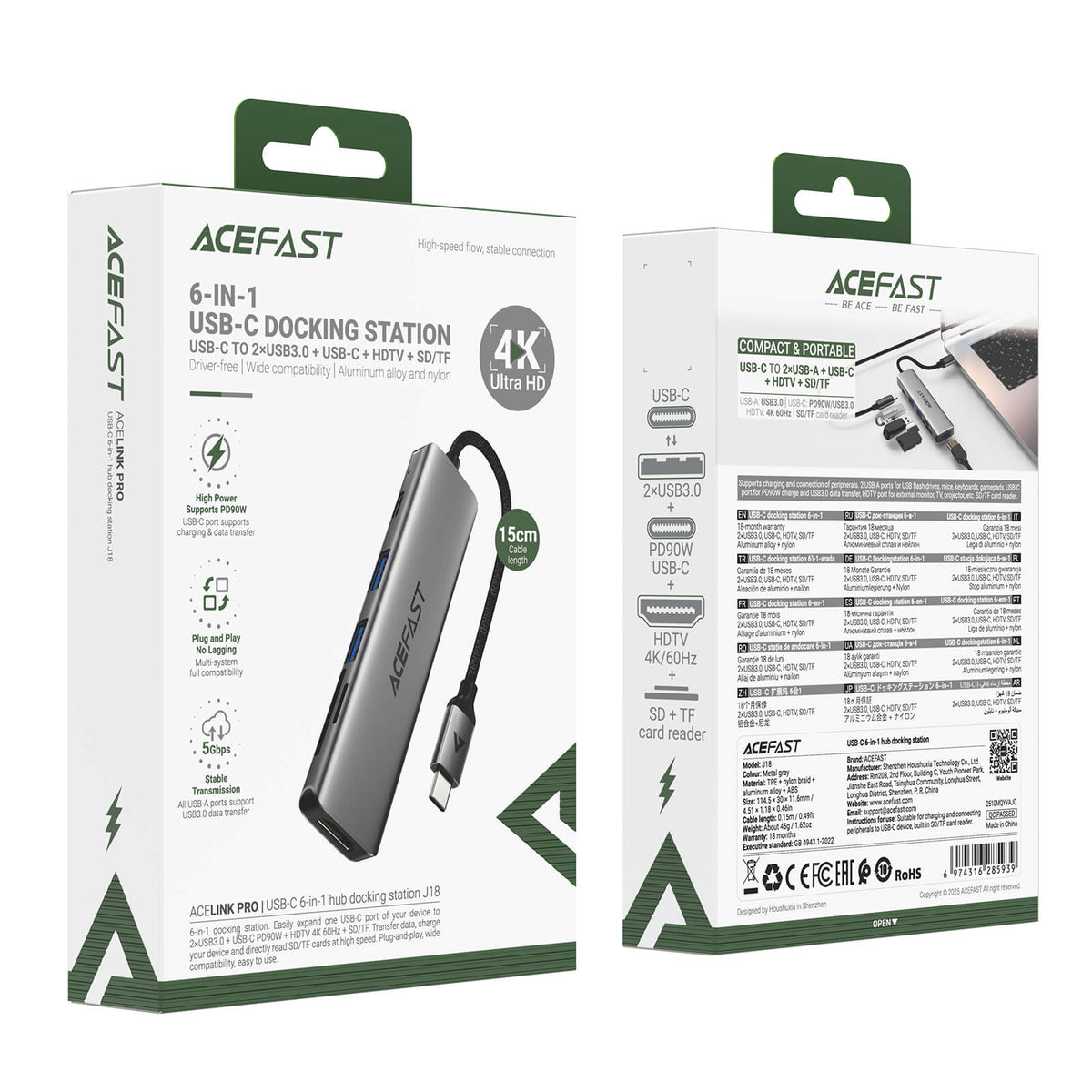 Acefast 6 in 1 Multiport Adapter with 4K HDMI 90W PD 5Gbps Data SD TF Card Reader Hub J18