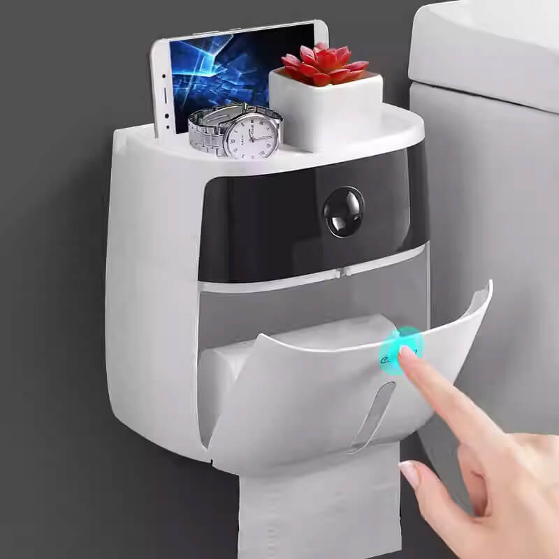 Mobie Dual Layer Bathroom Tissue Holder with Storage Drawer and Top Shelf E1804