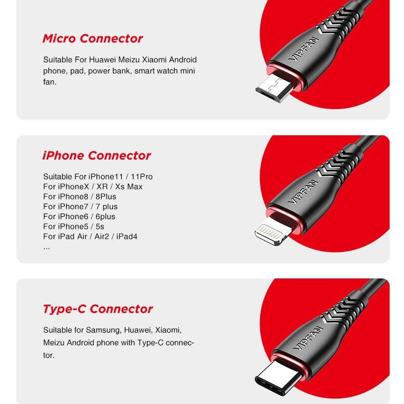 VFAN 3 in 1 USB to Micro Type-C Lightning Charging Data Cable 1.2m X1