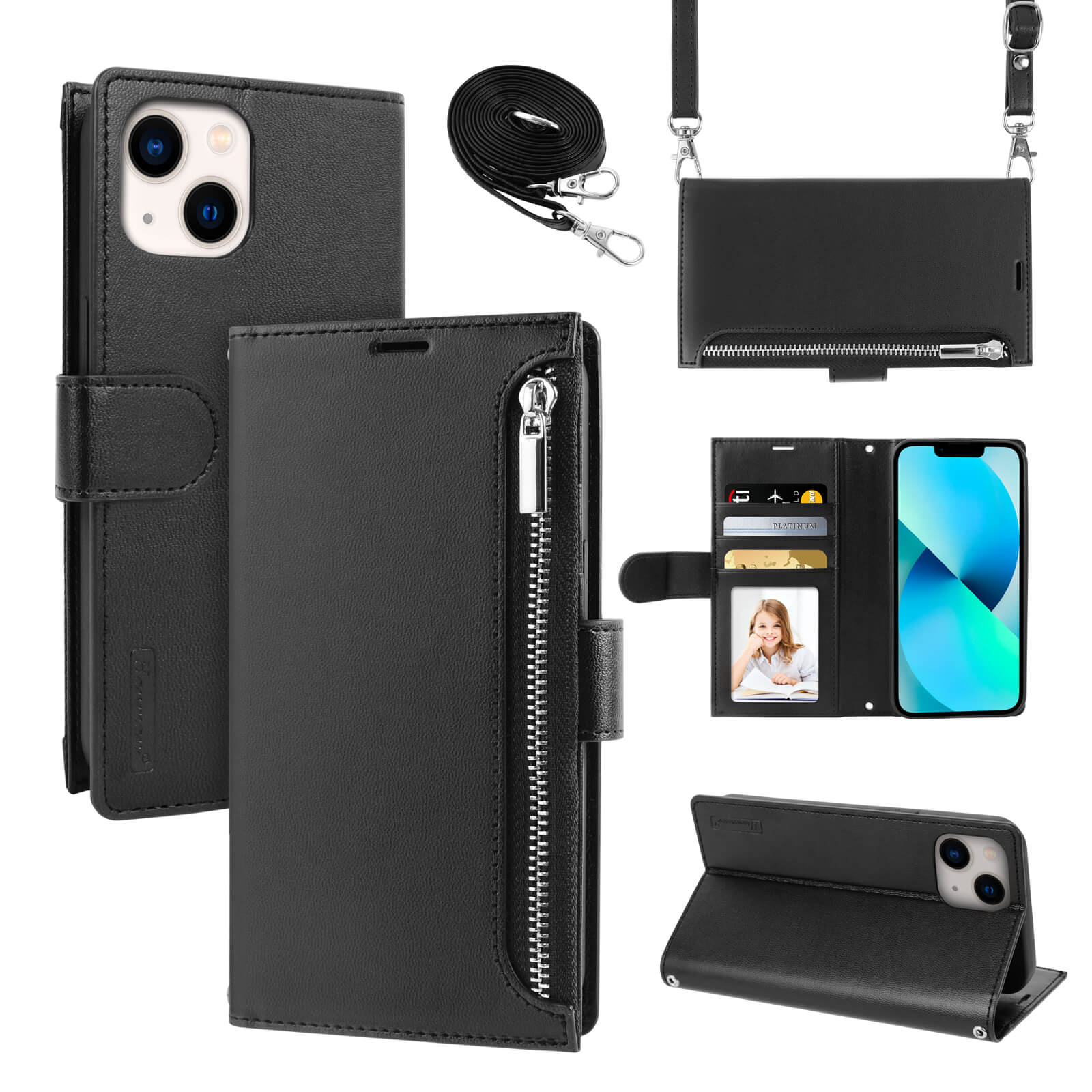 iPhone 15 Pro Hanman Mich Series Leather Crossbody Wallet Flip Case