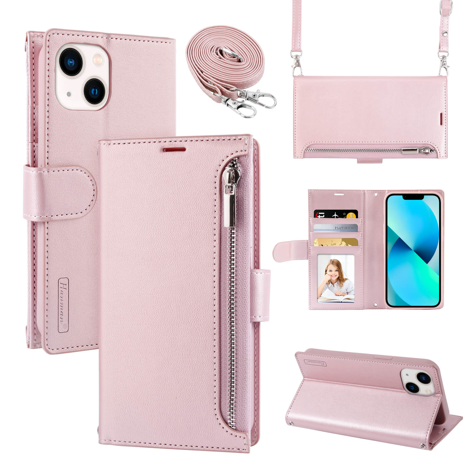 iPhone 15 Pro Hanman Mich Series Leather Crossbody Wallet Flip Case