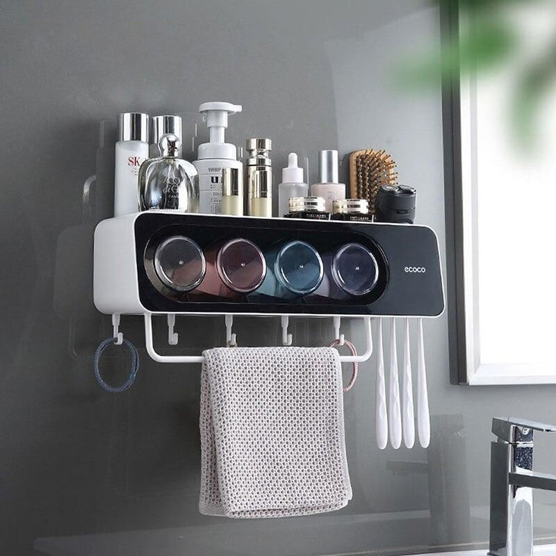 Mobie No Drill Toothbrush Holder Set with Towel Bar and Bathroom Storage E2113