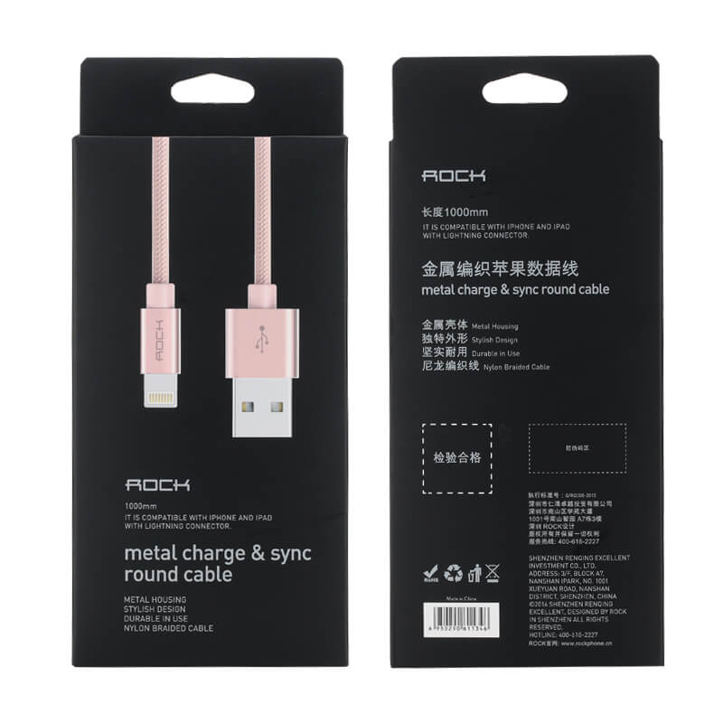 Rock Metal Nylon Braided Charge & Sync Round Lightning Cable 1m