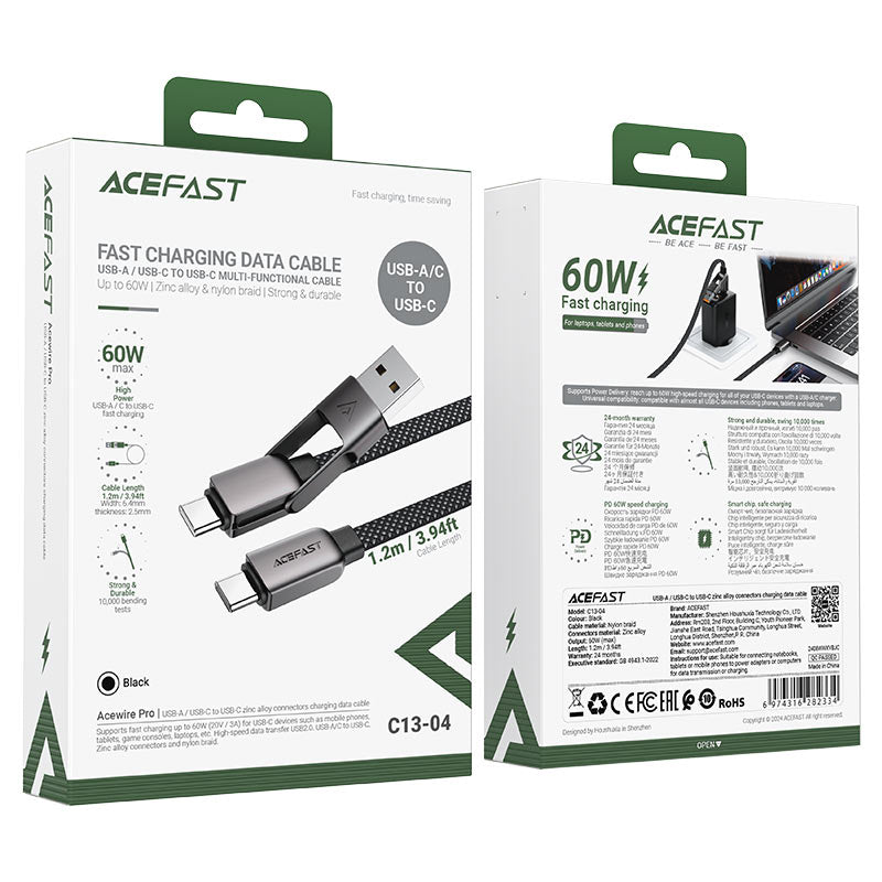 Acefast 2-in-1 USB-A & Type-C to Type-C Braid Fast Charging Cable 60W 1.2m