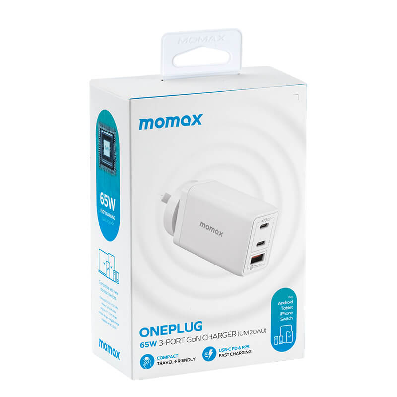 Momax One Plug 65W 3-Port GaN Wall Charger Dual USB-C and USB-A UM20