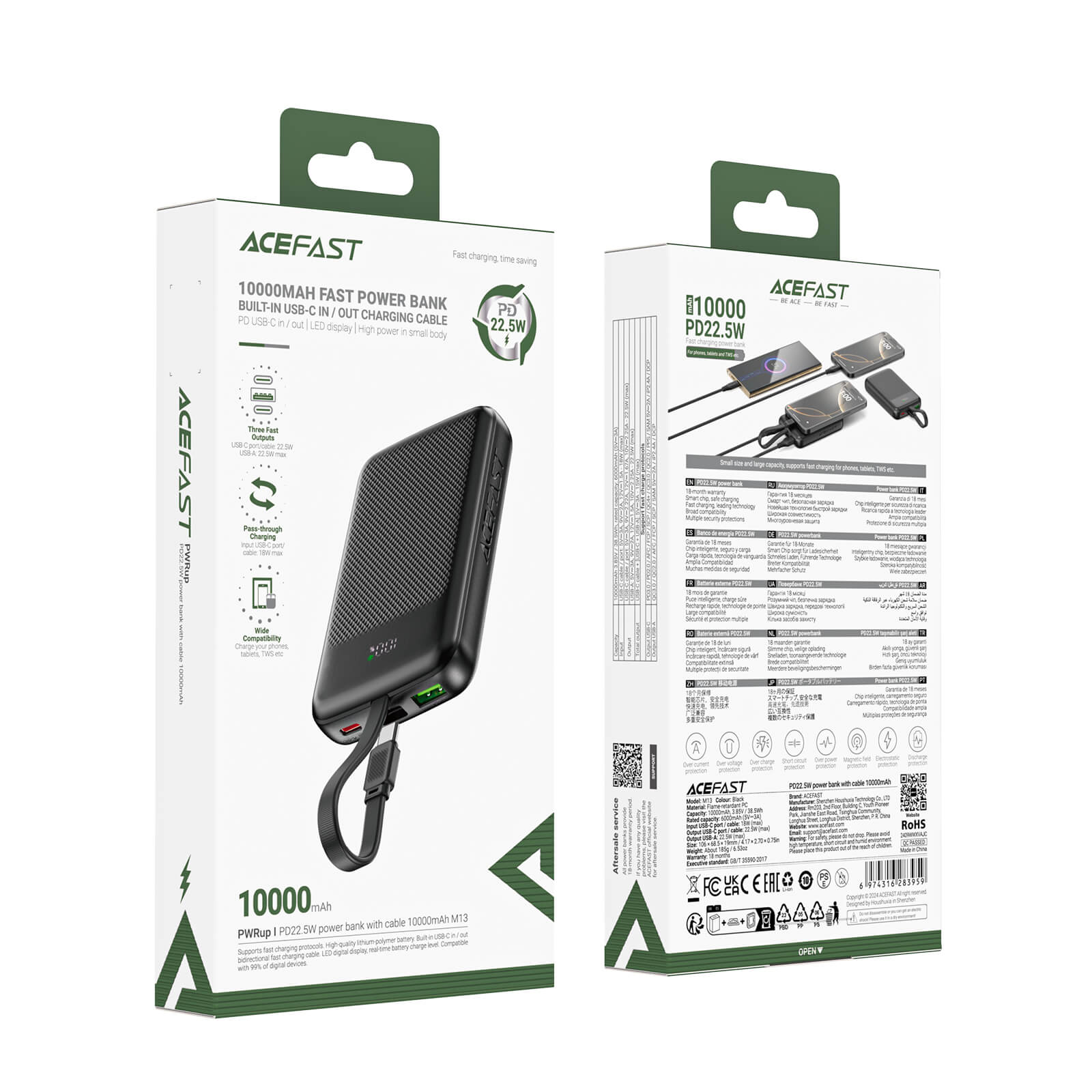 Acefast 10000mAh PD 22.5W Fast Charging Power Bank with Built-in Type-C Cable M13