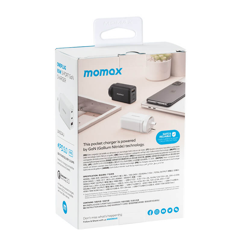 Momax One Plug 65W 3-Port GaN Wall Charger Dual USB-C and USB-A UM20