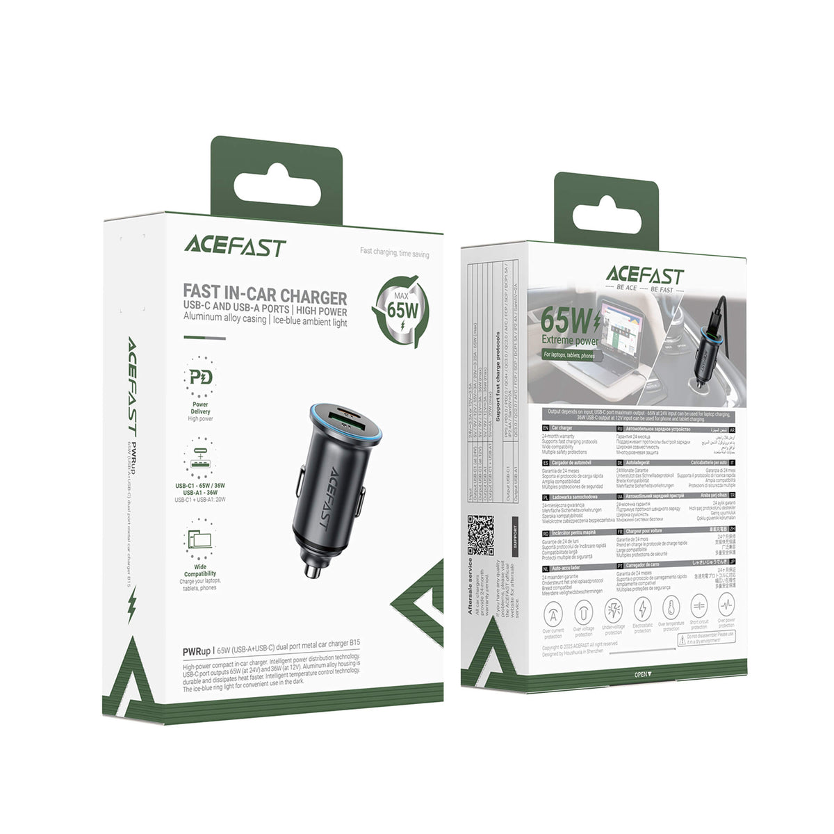 Acefast PD 65W USB-A & Type-C Fast Car Charger with LED Ring Light B15