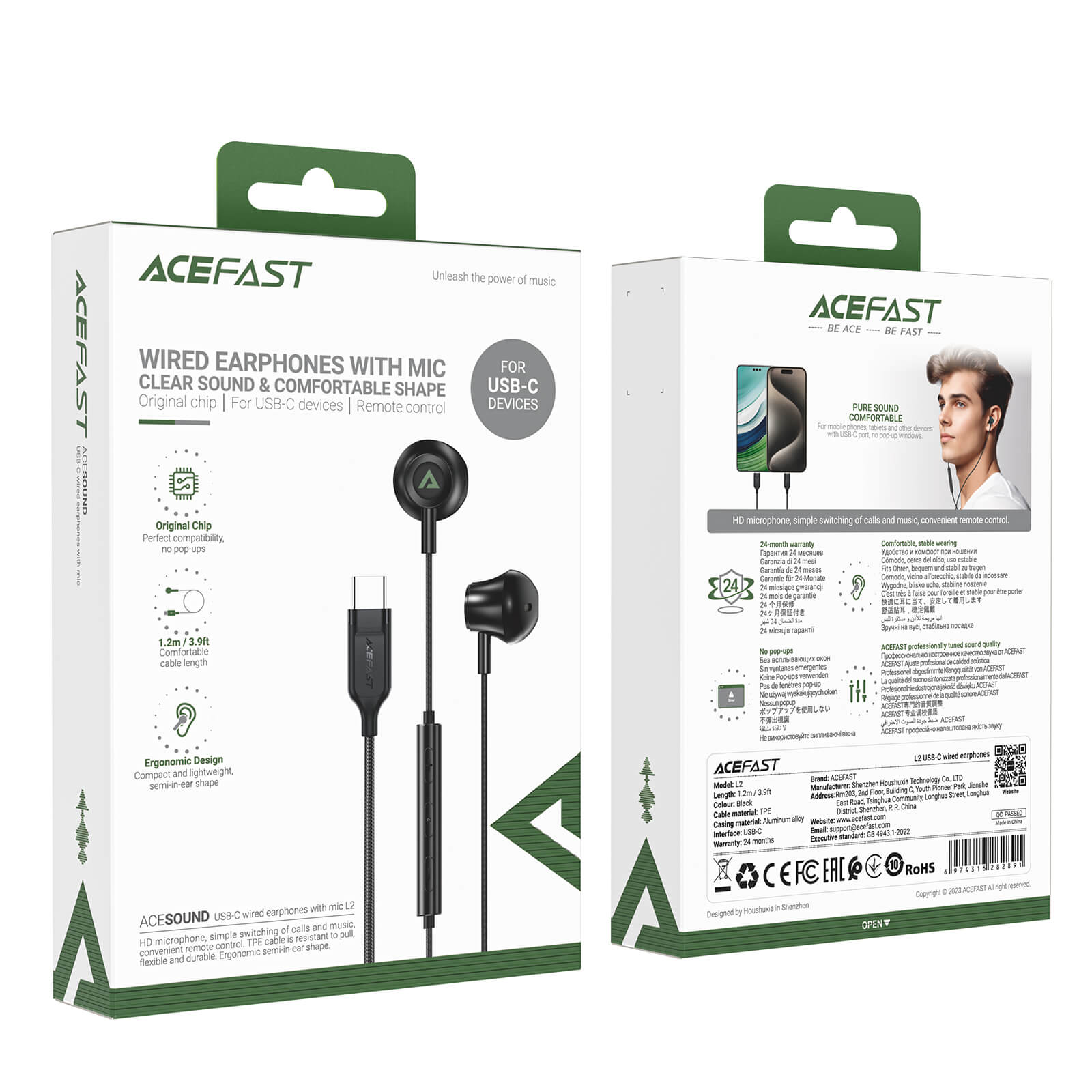 Acefast PC Material Half-in-ear Type-C Wired Earphones With Mic L2