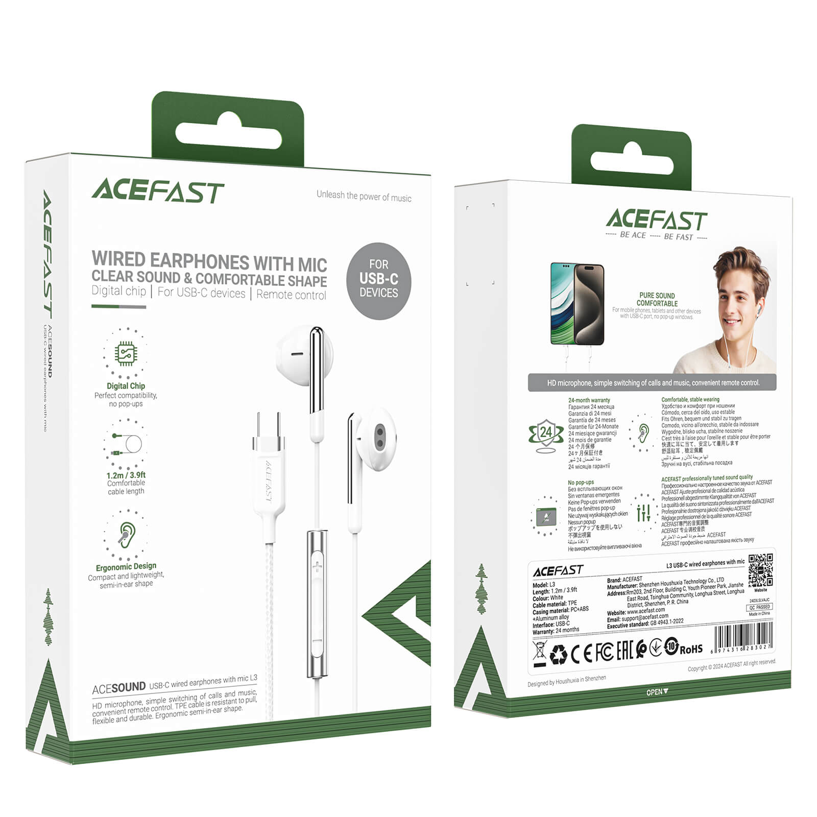 Acefast PC Material Half-in-ear Type-C Wired Earphones L3