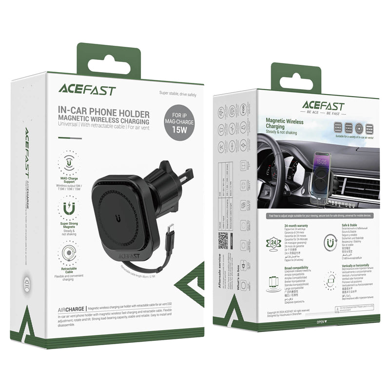 Pre Order Acefast Magnetic 15W Wireless Car Charging Holder With Retractable Type-C Cable D32