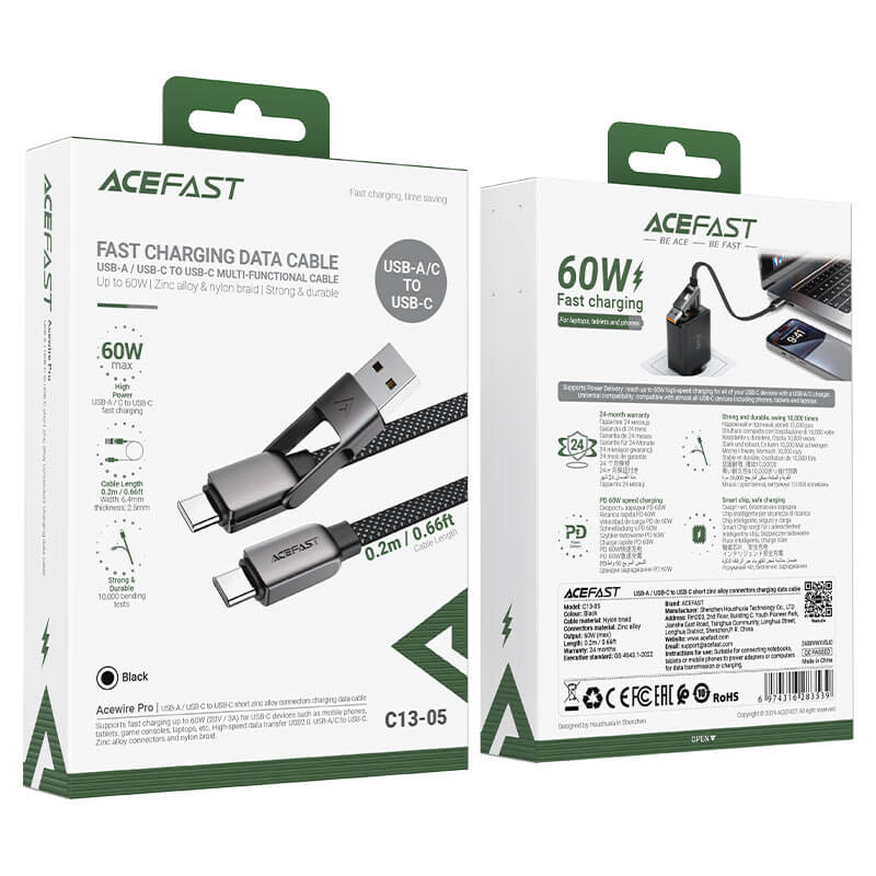 Acefast 2-in-1 USB-A & Type-C to Type-C Braid Fast Charging Cable 60W 0.2m