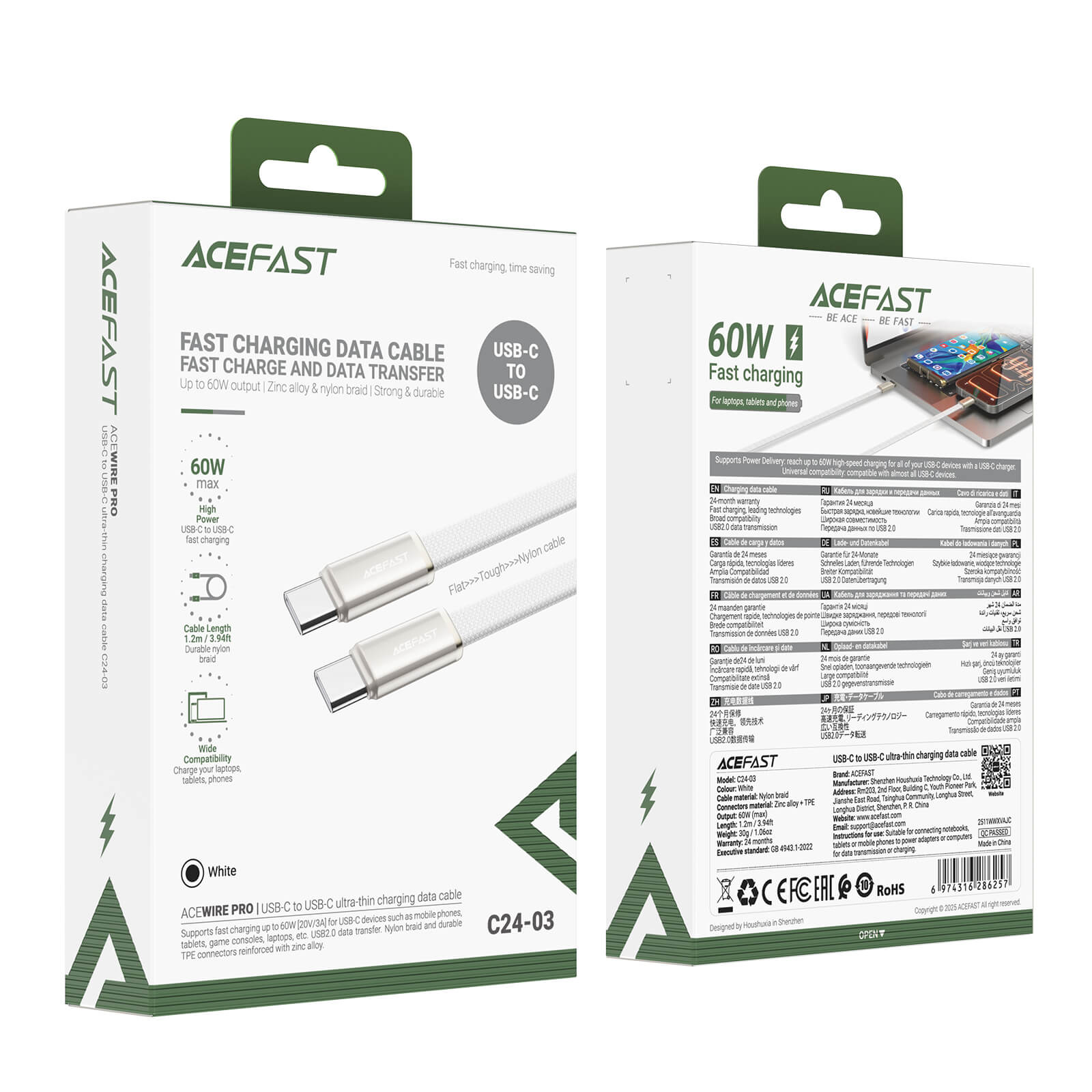 Acefast 60W Fast Charging Type-C to Type-C Braided Nylon Cable 1.2m C24-03