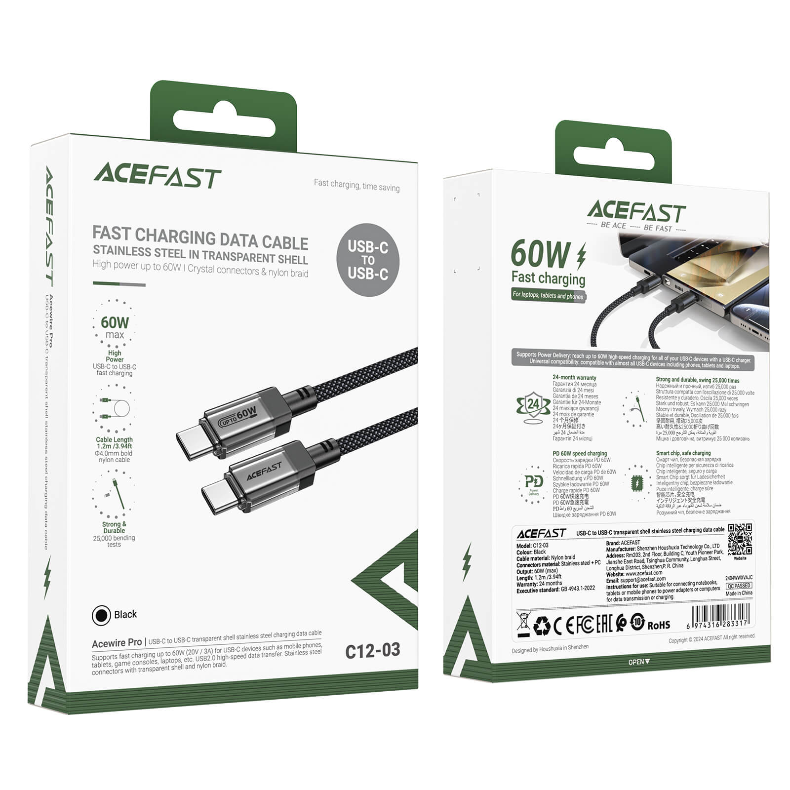 Acefast Type-C to Type-C Transparent Shell Braid Fast Charging Cable 60W 1.2m