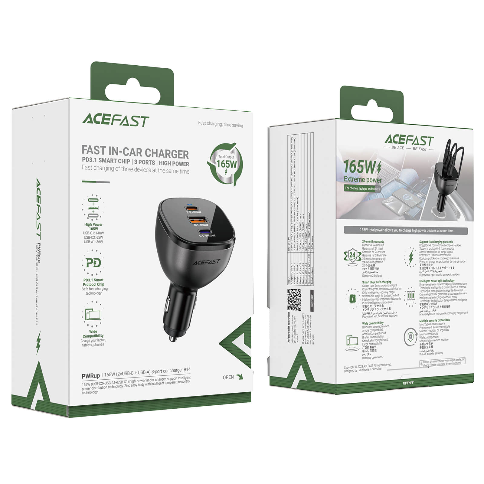 Acefast Multi-Port Fast Car Charger Type-C & USB-A 165W (100W+65W) B14