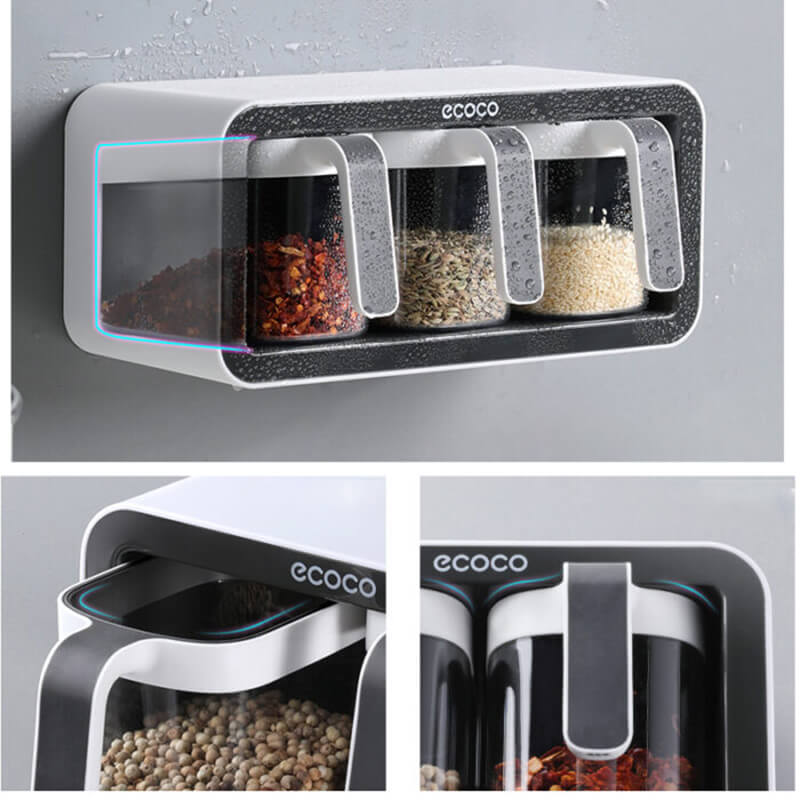 Mobie Wall Mounted Spice Organizer with Sealed Containers and Spoons E2007