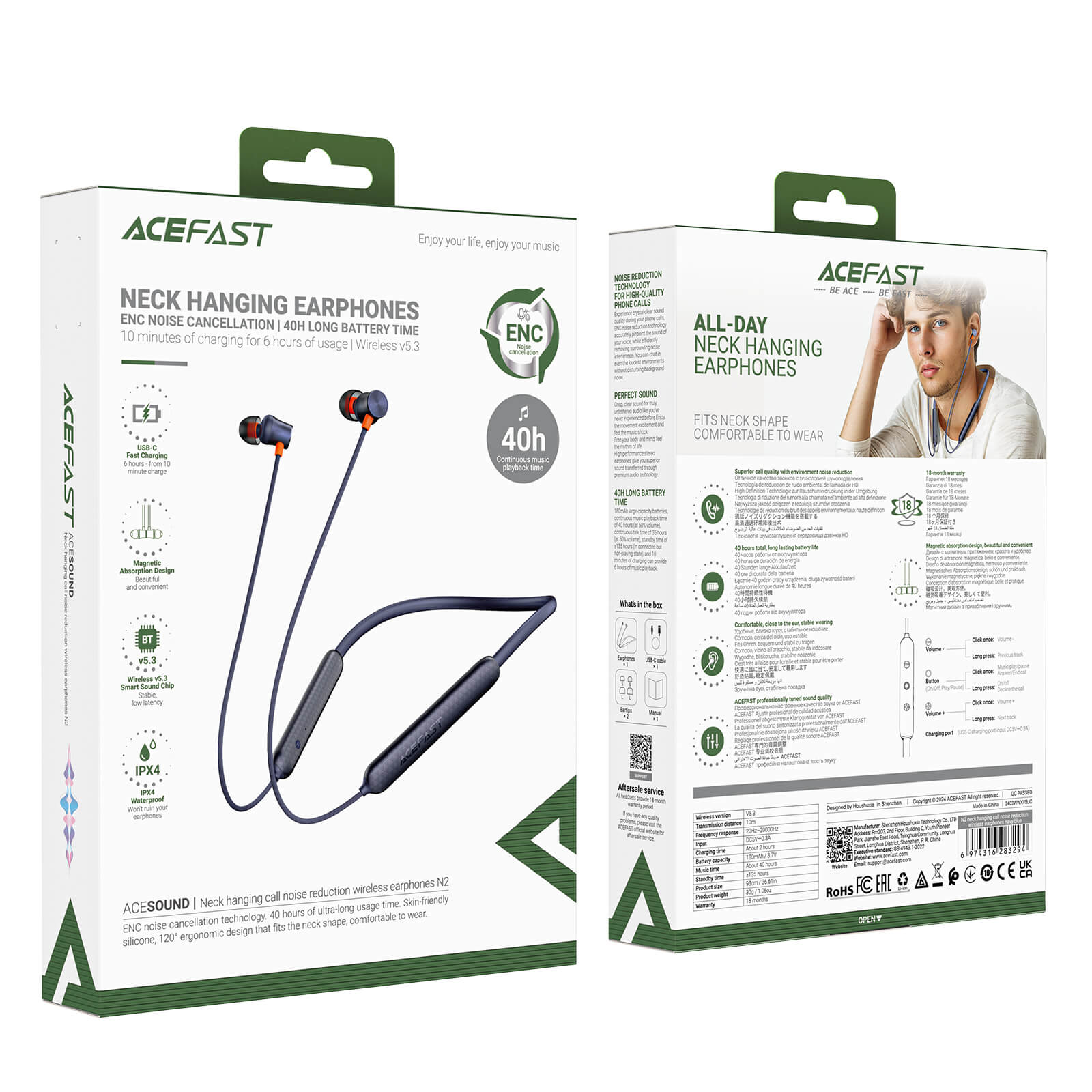 Acefast In-Ear Neckband Wireless ENC Noise Canceling Bluetooth Wireless Earbuds N2