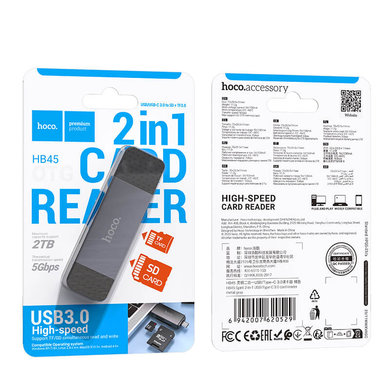 hoco. Dual-Port Memory Card Reader USB-C & USB-A for SD/TF Cards HB45