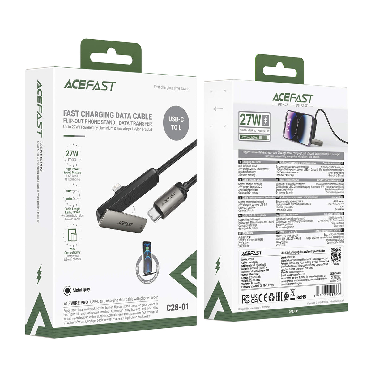 Acefast 60W Type-C to Lightning Cable with Foldable Stand 1.2M C28-01