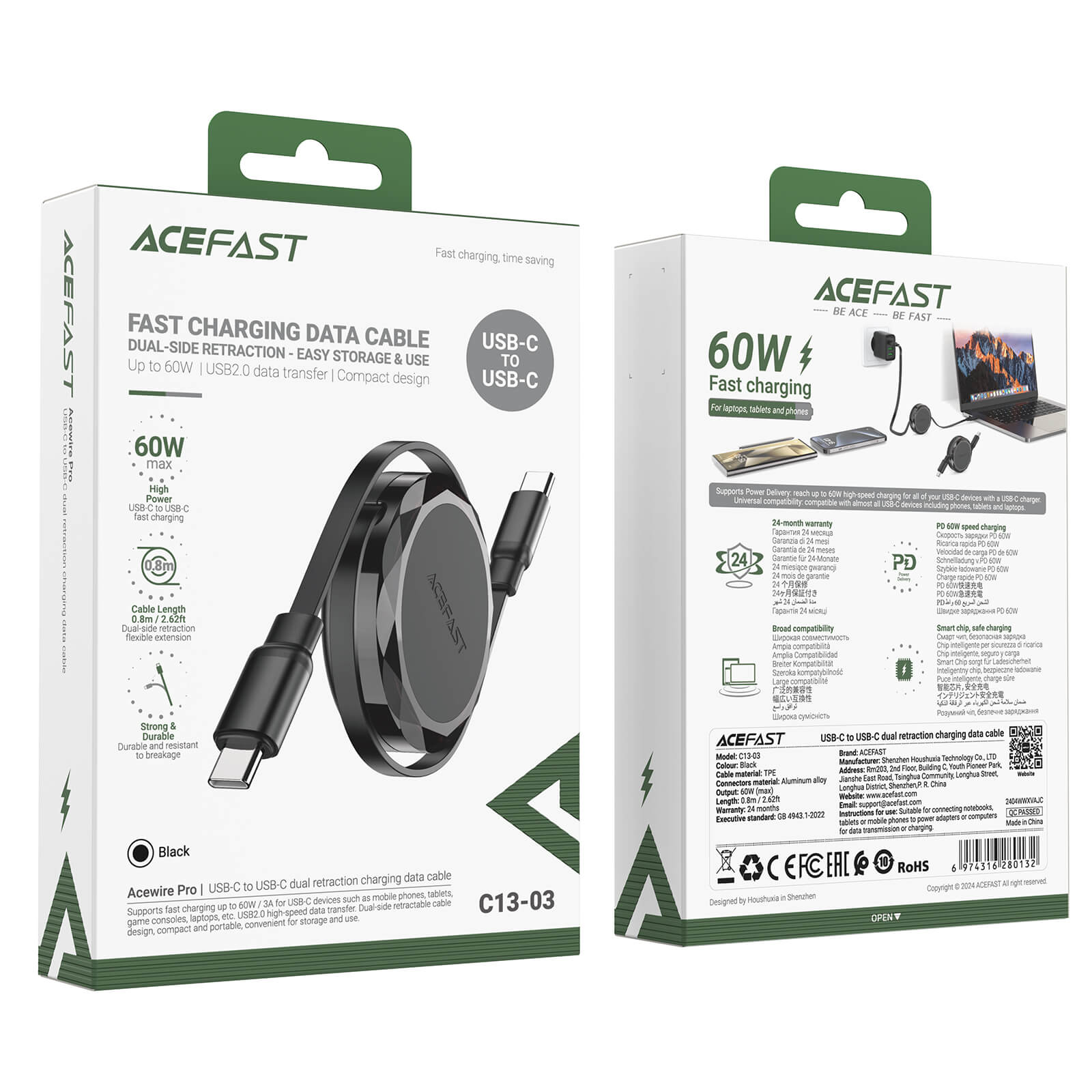 Acefast Type-C to Type-C Retractable Fast Charging Cable 60W 0.8m