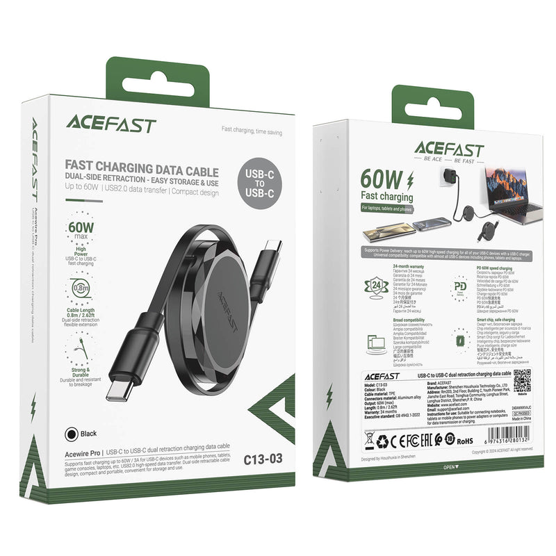 Pre Order Acefast Type-C to Type-C Retractable Fast Charging Cable 60W 0.8m