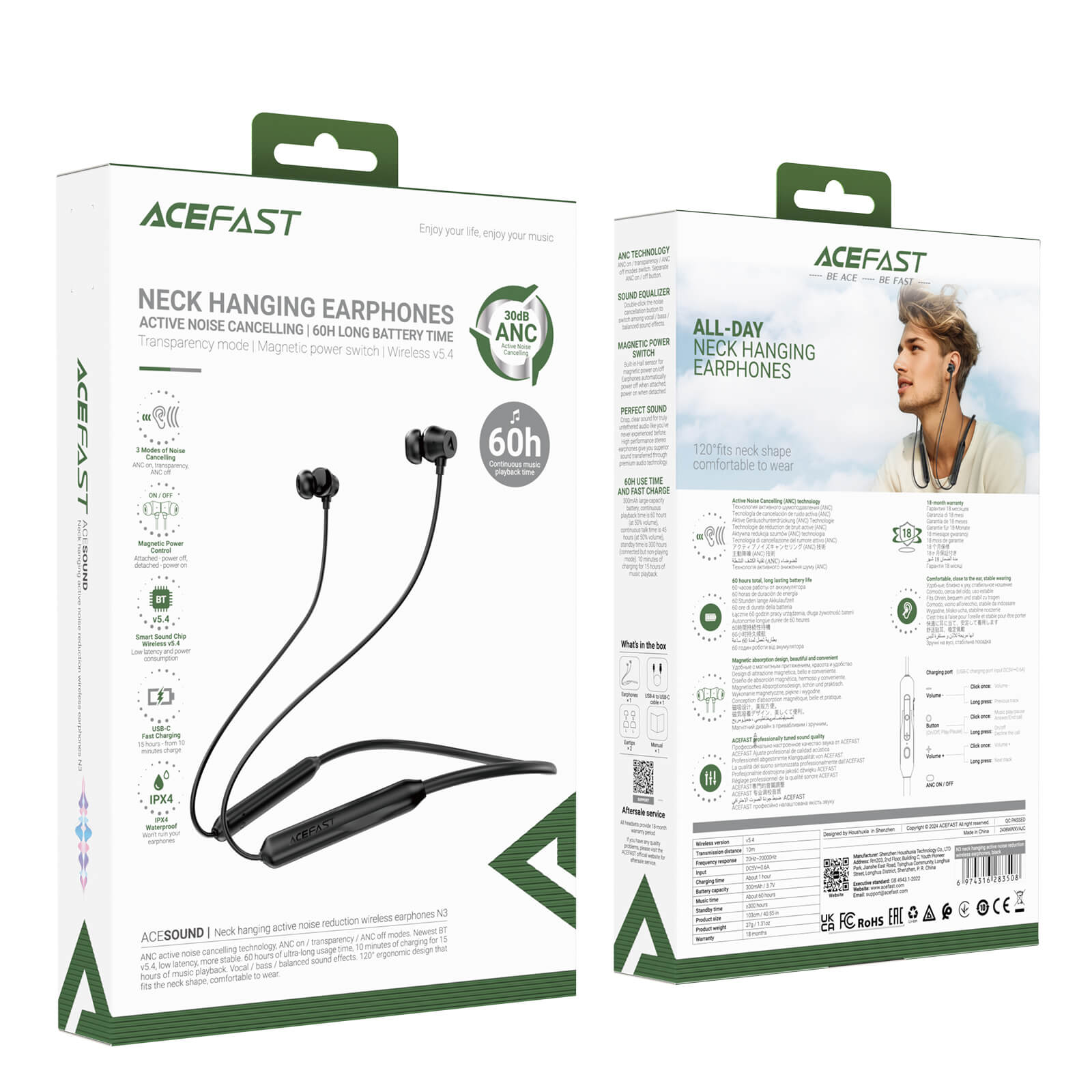 Acefast Active Noise Cancelling 60h Neck Hanging Bluetooth Earphones N3