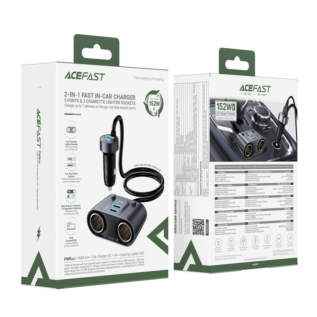 Acefast 152W 7 Port Dual Cigar Lighter Car Charger with Independent Switches B22