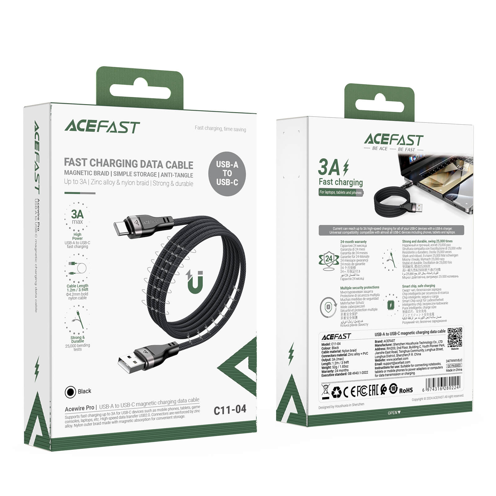 Acefast Braided Magnetic Storage Charging Cable Type-C/USB-A to Type-C 60W 1.2m