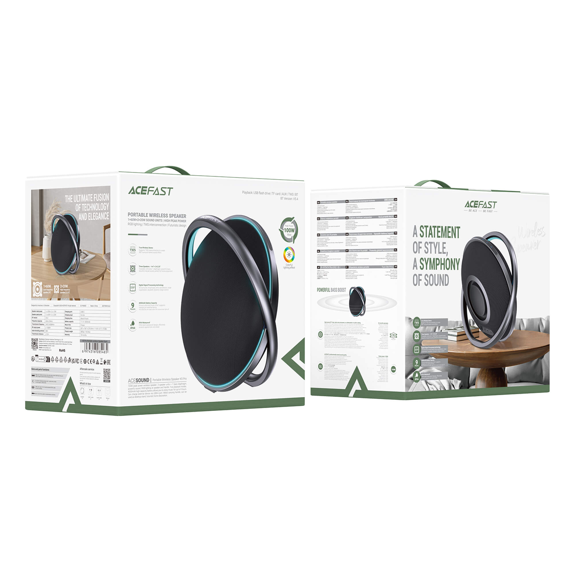 Acefast 100W Portable Speaker with 4000mAh Power Bank and Dynamic Lights K5 Pro