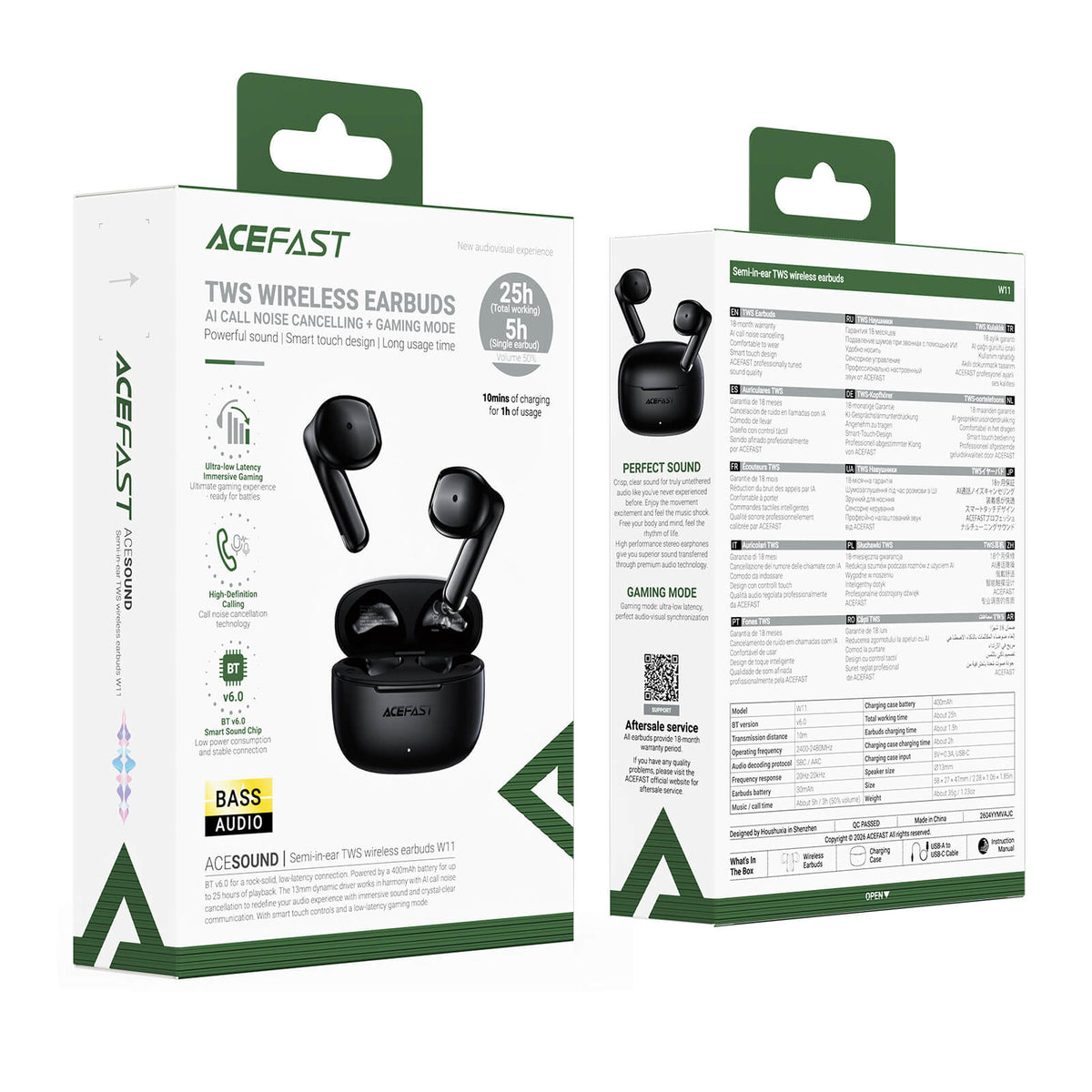 Acefast Semi-in-ear TWS 5 Hour Play Time Bluetooth 6.0 IPX4 Low Latency Earbuds W11