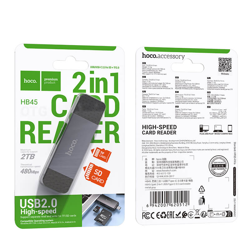 hoco. Dual-Port Memory Card Reader USB-C & USB-A for SD/TF Cards HB45