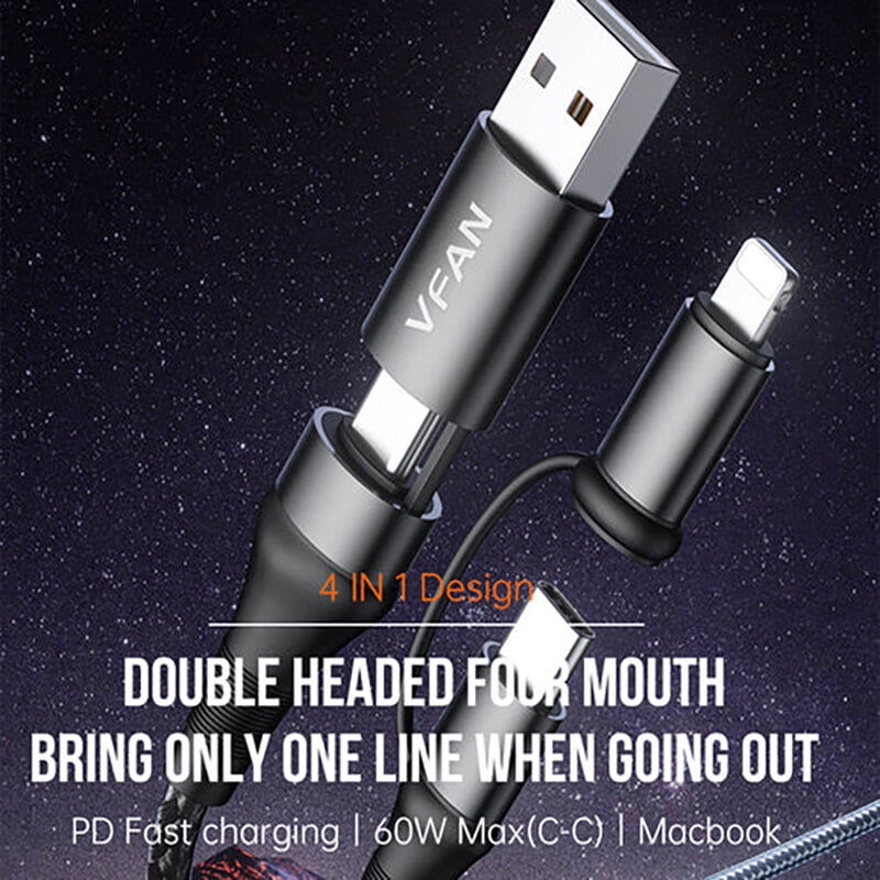 VFAN 4 in 1 Nylon Braided 60W Fast Charging Data Cable 1.2m X19