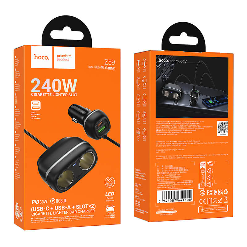 hoco 48W PD/QC Car Charger Dual USB-C/A Ports with 240W Cigarette Lighters Z59
