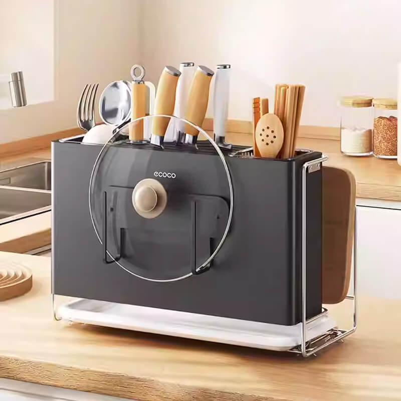 Mobie All-in-One Stainless Steel Knife Block with Magnetic Lid Holder and Drip Tray E25124