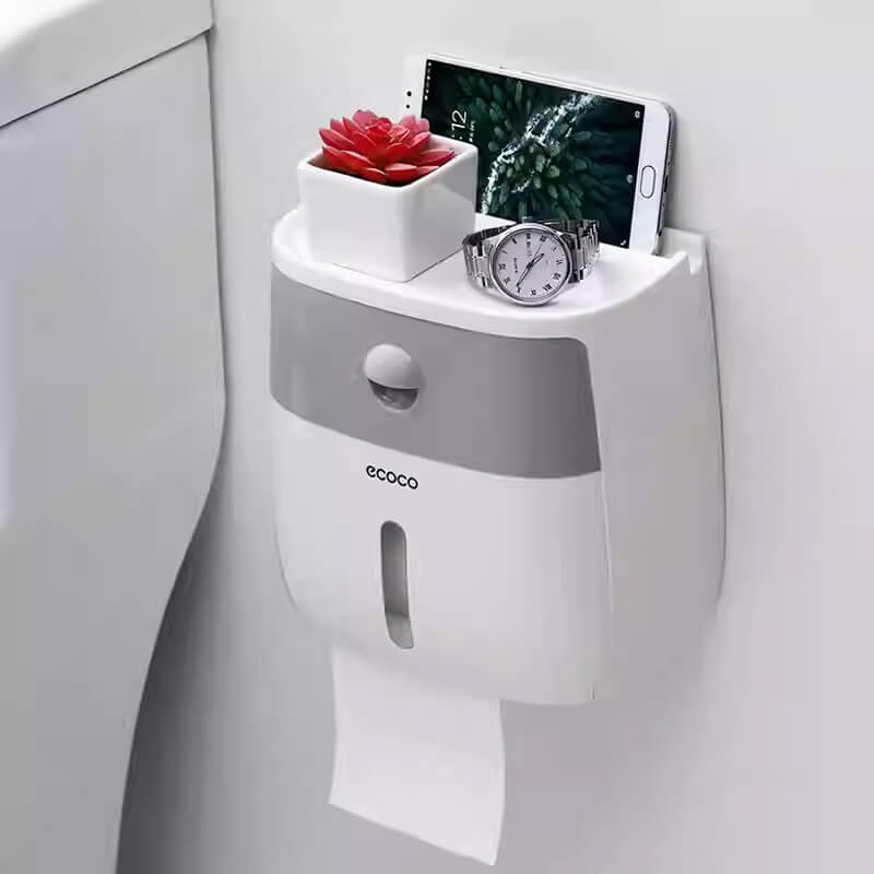 Mobie Dual Layer Bathroom Tissue Holder with Storage Drawer and Top Shelf E1804