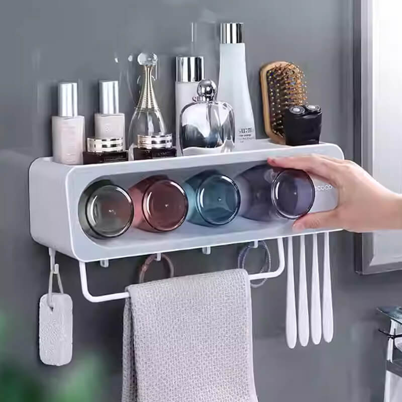 Mobie No Drill Toothbrush Holder Set with Towel Bar and Bathroom Storage E2113